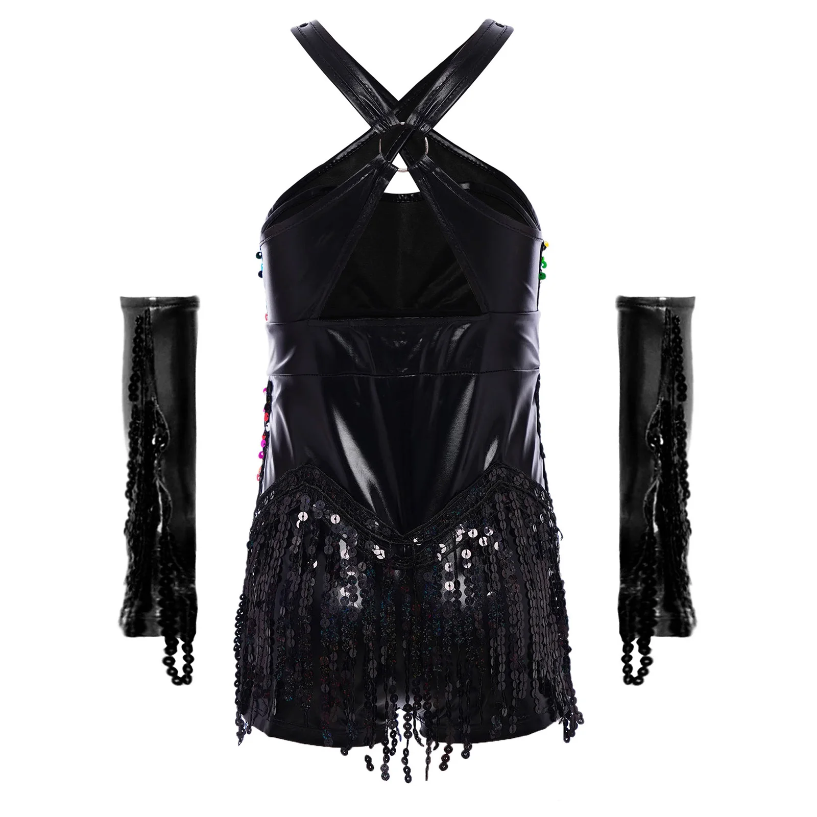 Teen Girls Latin Jazz Dance Performance Outfit Cha-Cha Samba Rumba Tango Sequin Tassel Leotard Dress with Fringe Metallic Gloves