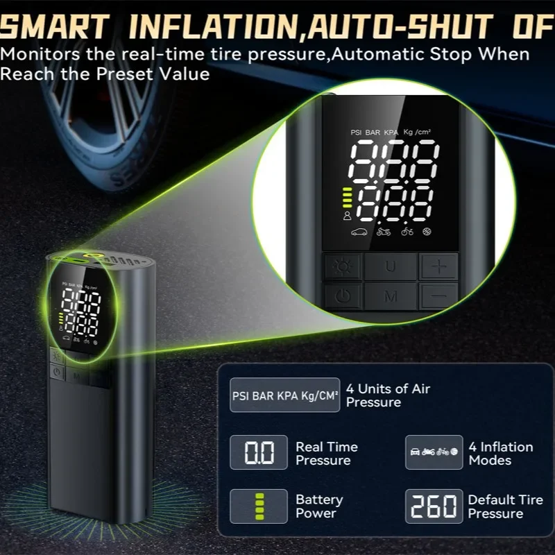 Tire Inflator Portable Air Compressor - 150PSI with Tire Pressure Gauge,8000mAh & 3X Faster Portable Air Pump for Car Accessory