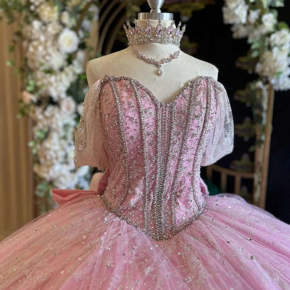 فستان وردي مزين بالخرز كريستال ، فساتين Quinceanera ، دانتيل مطرز ، مشد بفيونكة ، أشرطة سباغيتي ، 15 عامًا