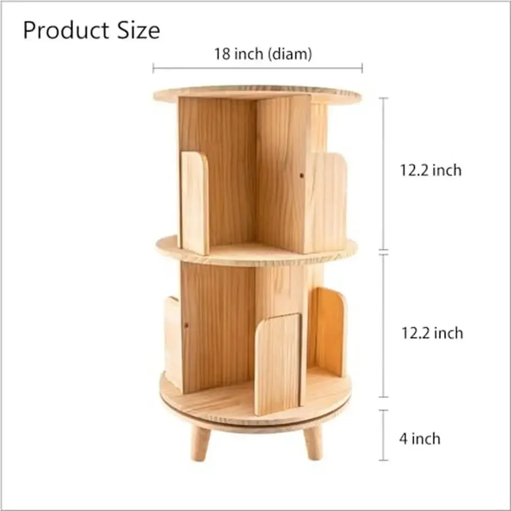 Pine Wood 2 Tier Rotating Bookshelf Kids Display Revolving Bookcase Standing Shelf 18