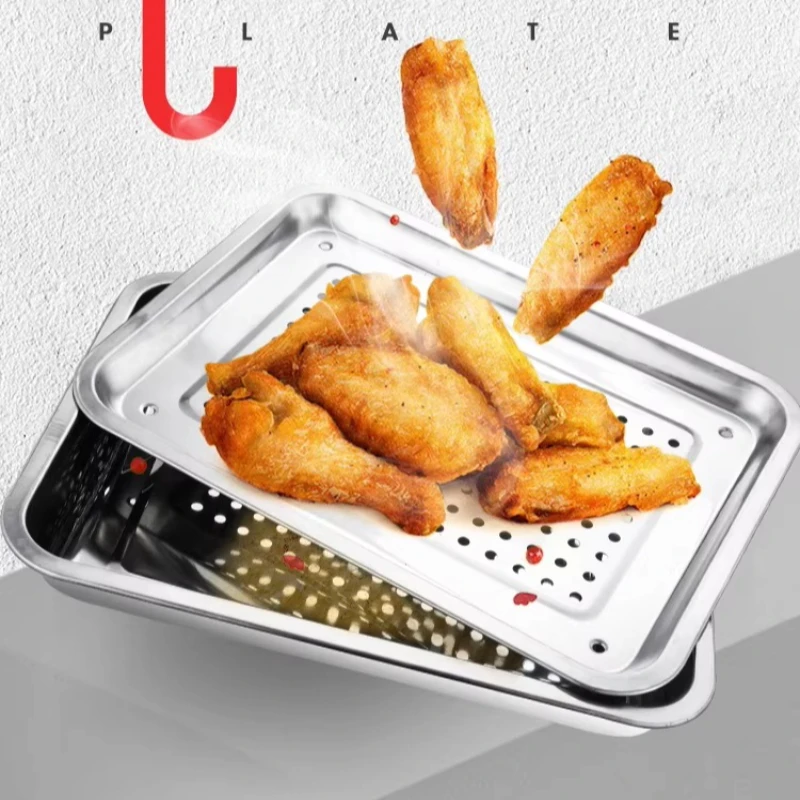 304 Stainless Steel Square Drainage Colander - Double Layer Steamer Tray, Commercial Dumpling Oil Receiver, Tea Drip Plate