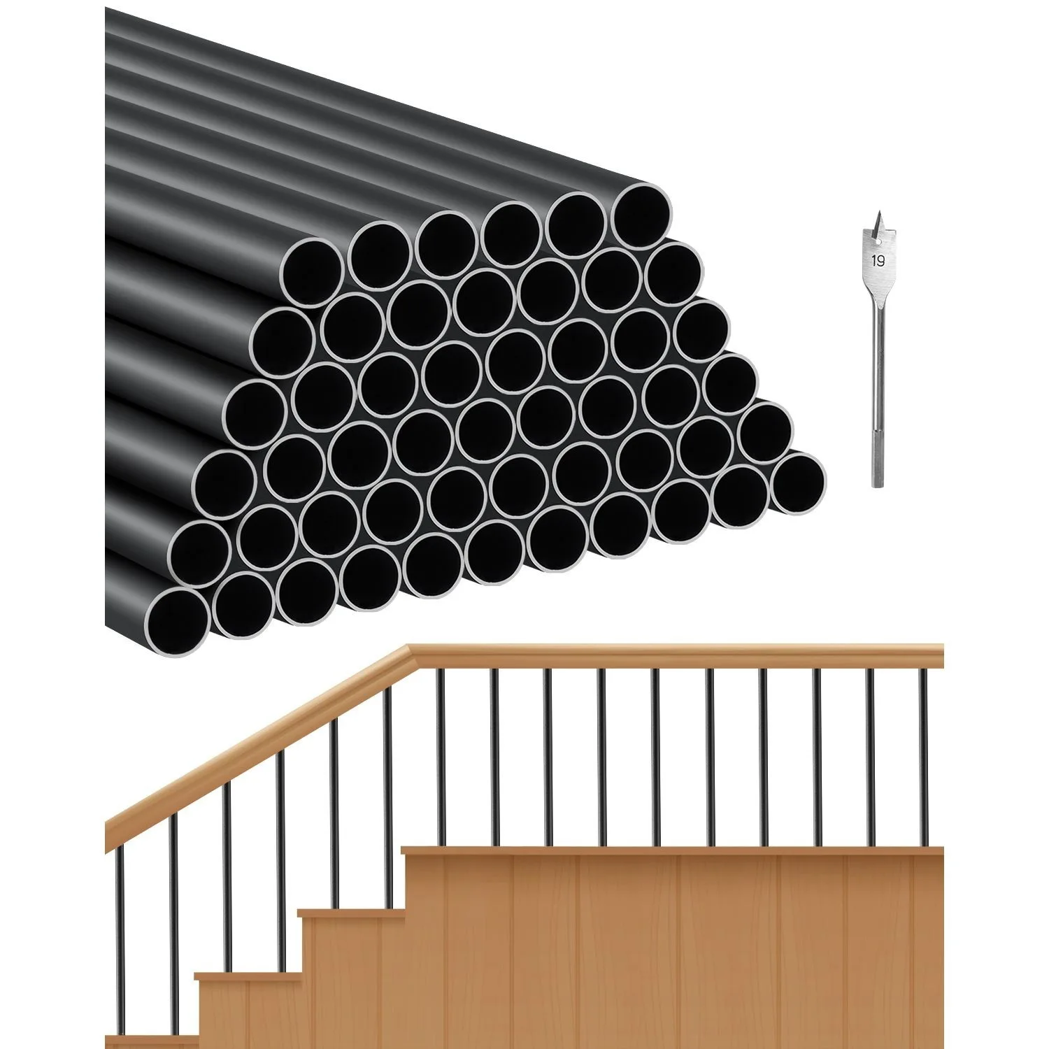 

VEVOR Deck Balusters 51 Pack, 26 in/ 32 in/ 36 in Aluminum Stair Balusters, 3/4 in Rainwater-Proof Round Metal Spindle Railing, Durable Hollow Deck Railing with #19 Drill Bit for Stairs, Porch, Patio, Black