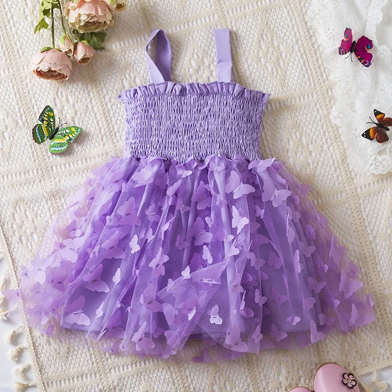 Summer Baby Girl Clothes Toddler Casual Dress Baby Solid Color Sleeveless Butterfly Accessories Princess Dress Kids Clothing