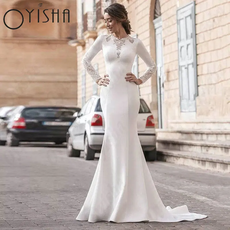 OYISHA-Robes de mariée sirène en satin avec appliques, manches longues, train de balayage, patients musulmans, sur mesure, robe de mariée exquiseOyisha Mermaid apply robe de mariée satin manches longues balayage Muslim