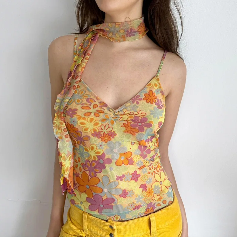 Holiday Floral Camis Top With Scarf Sexy Slim V-Neck Sleeveless Crop Tops Women 2024 Summer Fashion Streetwear Ladies