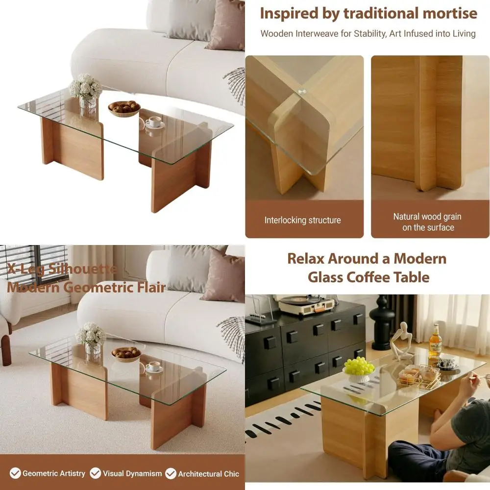 طاولة قهوة فنية مستطيلة من الزجاج المقسى مع قاعدة خشبية هندسية لمساحات المعيشة البسيطة #1