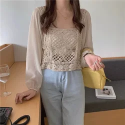 French Chic Blouse for Women Square Collar Hollow Out Tlle Patchwork Long Puff Sleeve Base Shirts Spring Female Tops Dropship