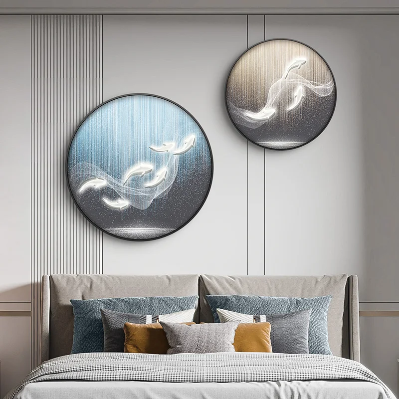 LED lights, nine fish diagram, circular bedroom decoration painting, bedside painting, 2021 new light luxury, modern