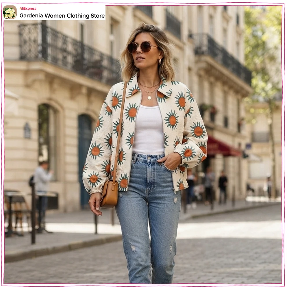 New in Printed Bomber Jackets for Women Casual Lapel Collar Zippered Jackets with Elastic Drawstring Hem and Double Welt Pockets