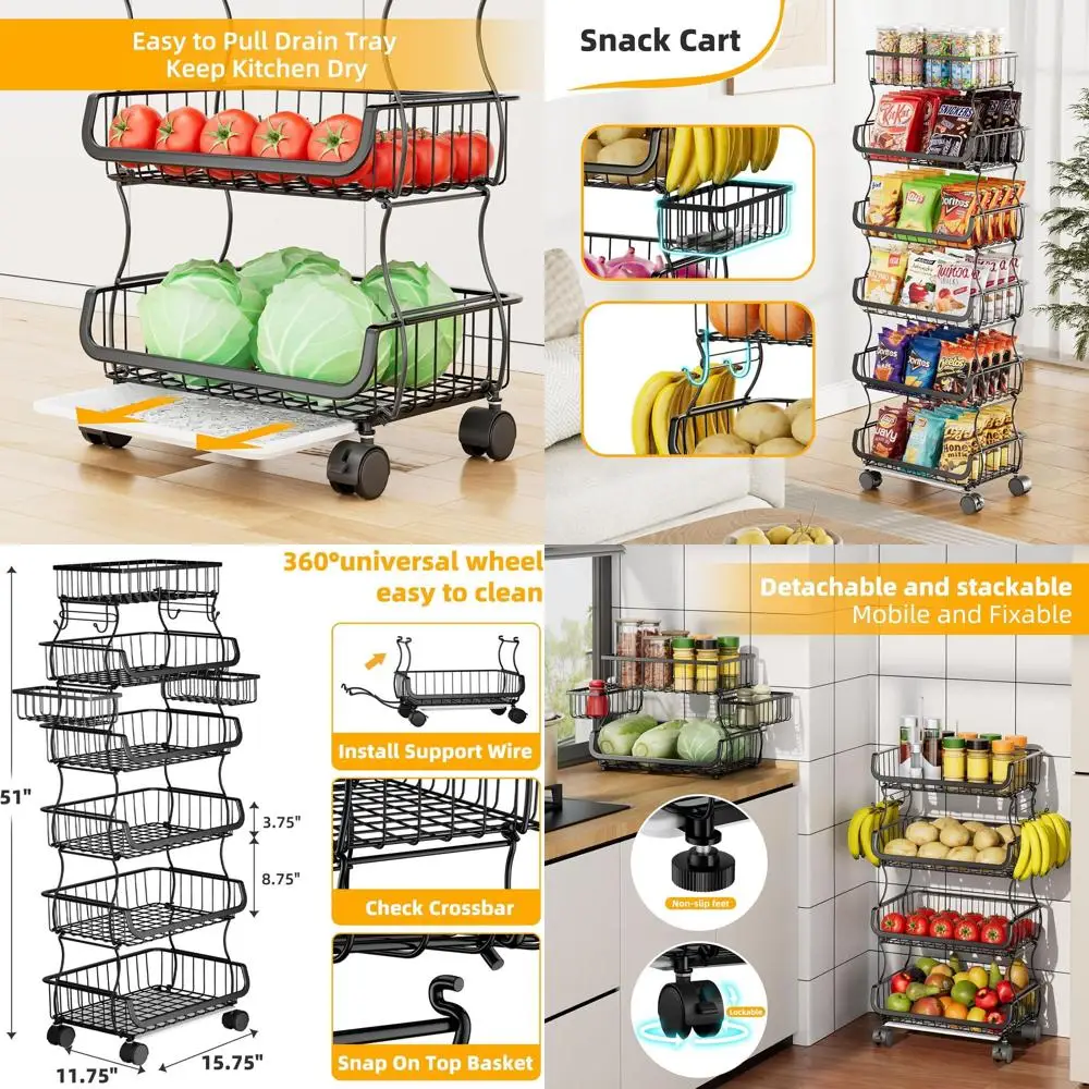 

Металлическая 6-ярусная тележка-стеллаж на колесиках для фруктов и овощей, с 2 подвесными корзинами, для хранения на кухне