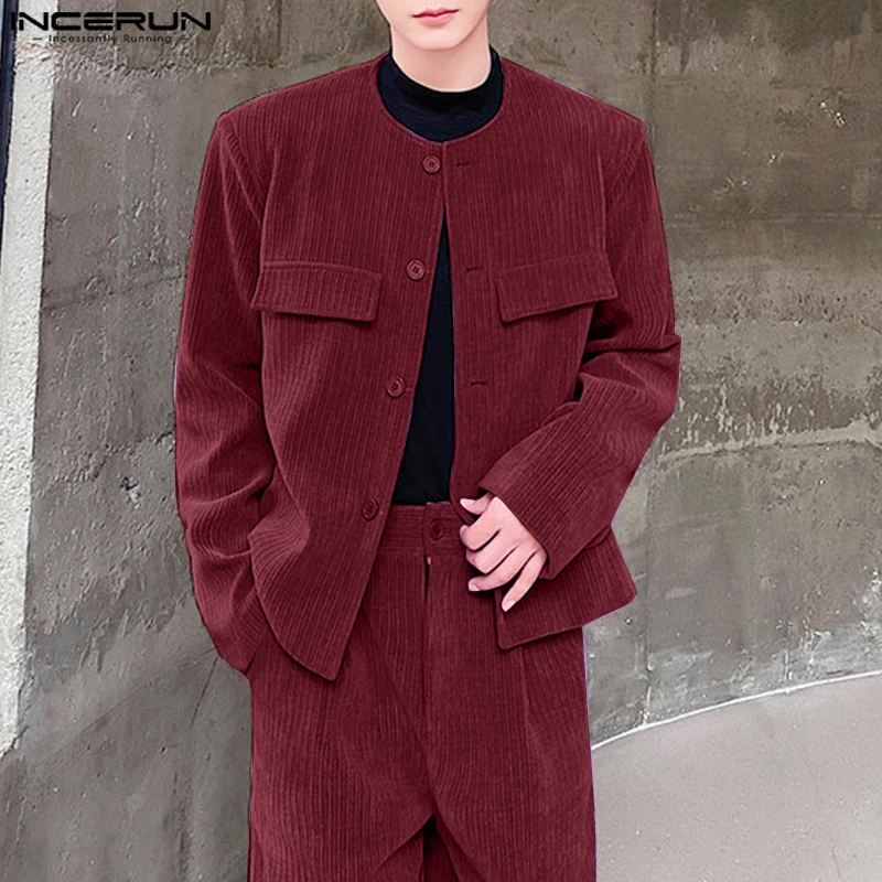 Casual Simple Style Tops INCERUN Handsome Men's Solid Texture Design Suit Coat Stylish Male All-match Long Sleeved Blazer S-5XL