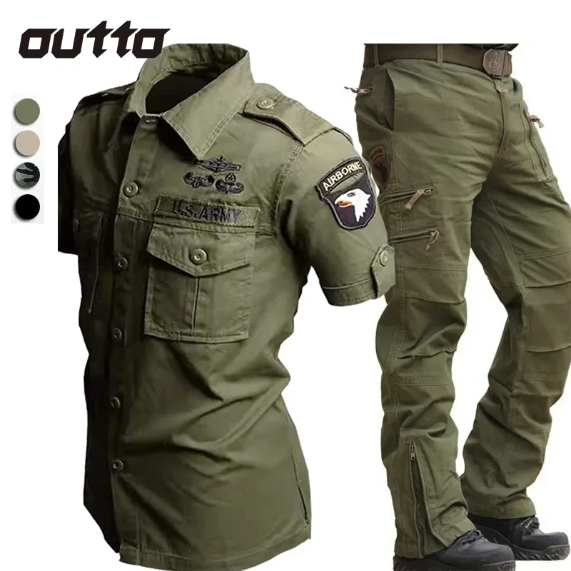 Men\'s Tactical Suit Lapel Breathable Short Sleeve Shirt Multi-pockets Wear-resistant Cargo Pants Cotton outdoor climbing Sets