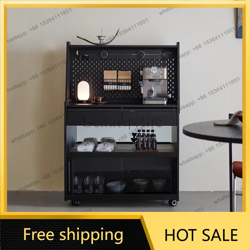 LS light luxury medieval solid wood movable sofa side cabinet with wheels integrated storage coffee and tea cabinet