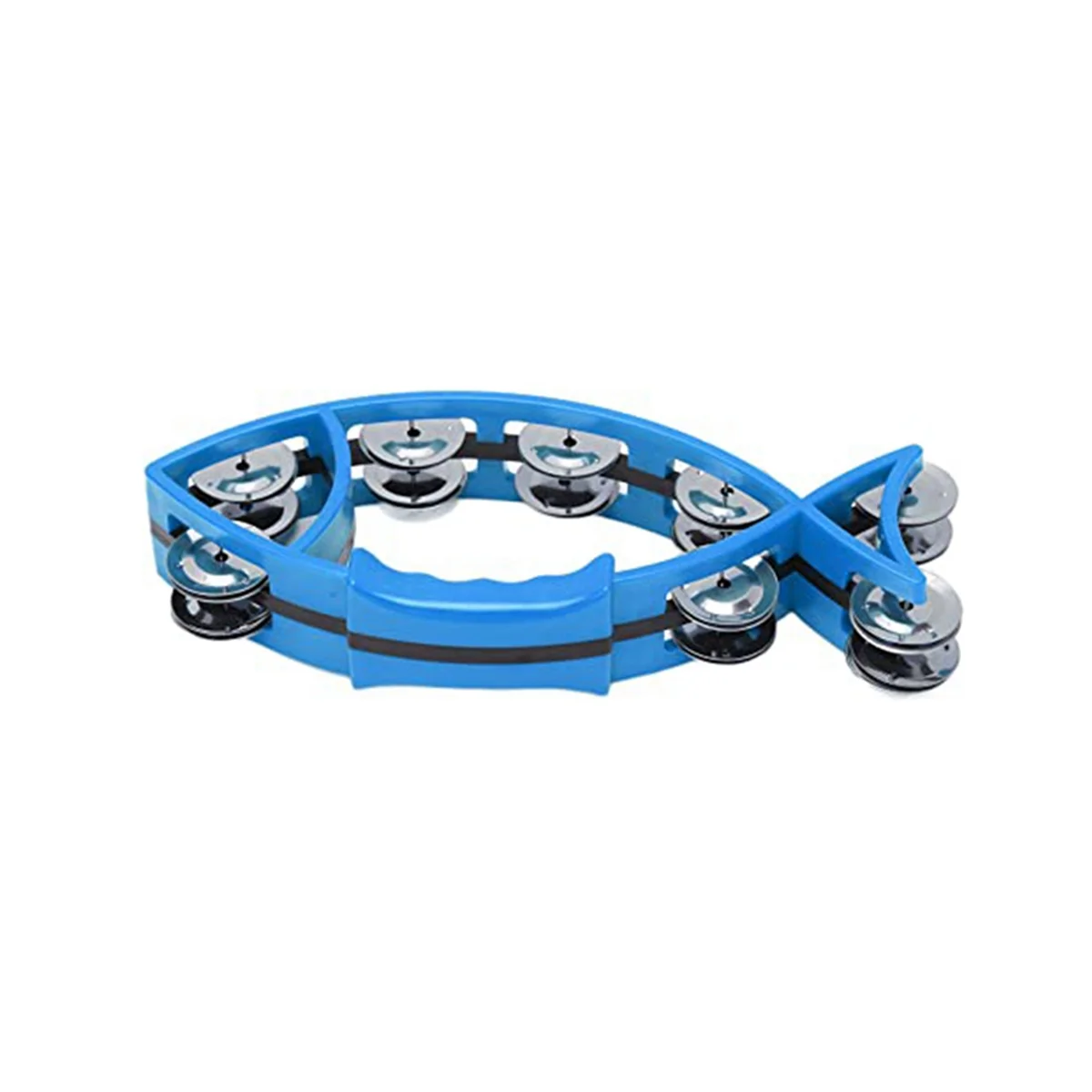 Hand Tambourine Bell Fish Shaped Hand Bell ABS Metal Double Tambourines Musical Rhythm Instrument for Children(Blue)