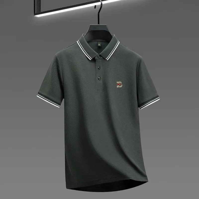 Men's Summer Breathable Waffle Polo Shirt Striped Collar Cuff Embroidered Badge Logo Short Sleeve Business Casual Tee Tops