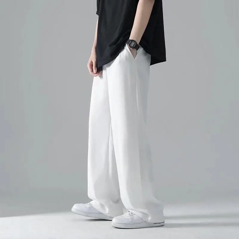 

Ice Silk Men's Summer Thin Straight Leg Casual Pants Drapey Wide Leg Lightweight Classic Color Polyester Fiber