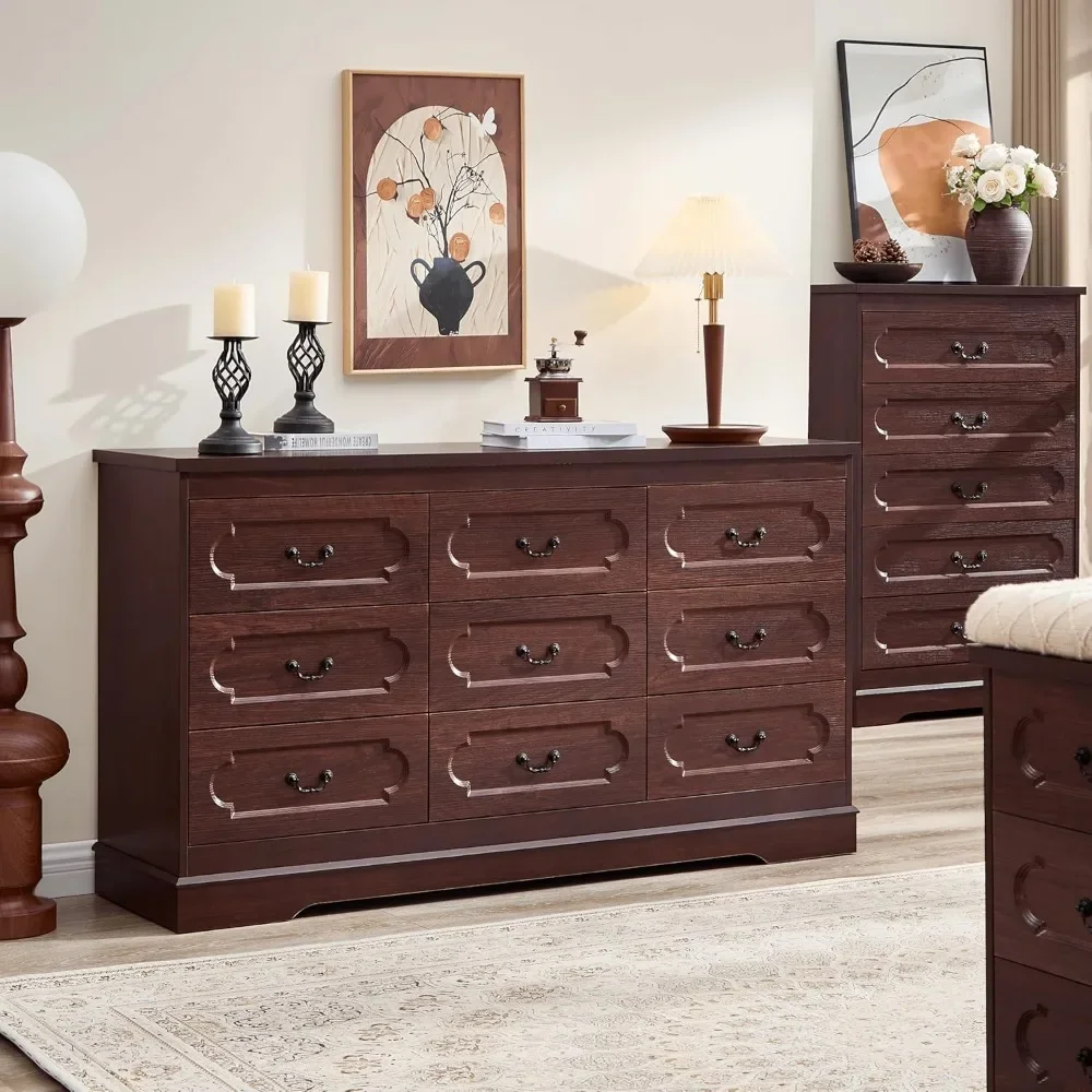 

9 Drawer Dresser for Bedroom Farmhouse Cherry Tall Wood Chest of Drawers for Bedroom, Rustic 59" Wide Dresser w/ Storage Cabinet