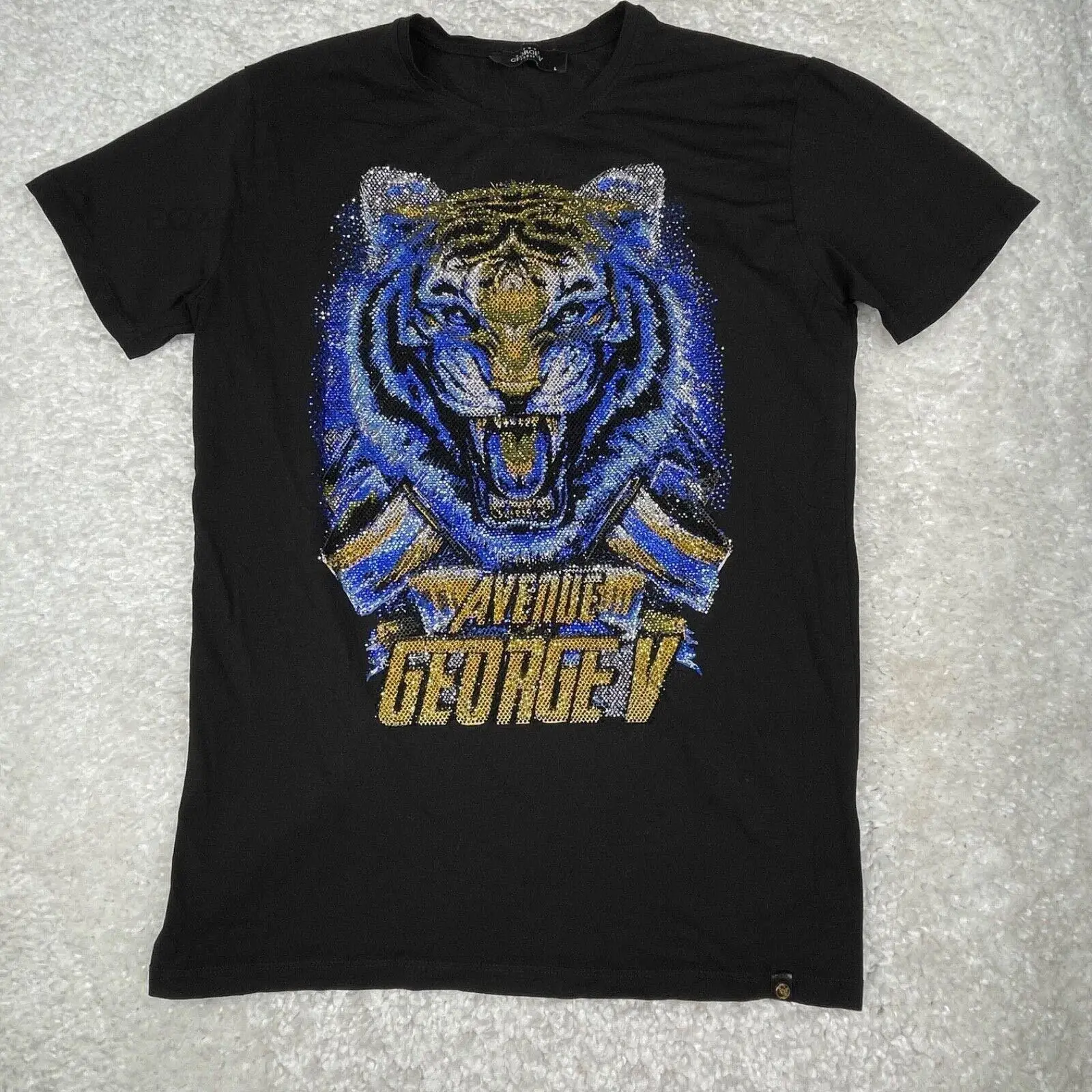 Avenue George V Shirt Mens Large Black Short Sleeve Rhinestone Tiger Lion Bling