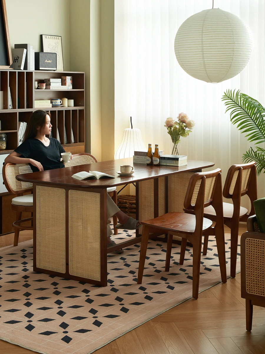 Elliptical dining table and chair combination rattan woven rectangular dining table, desk, and home dual-use minimalist