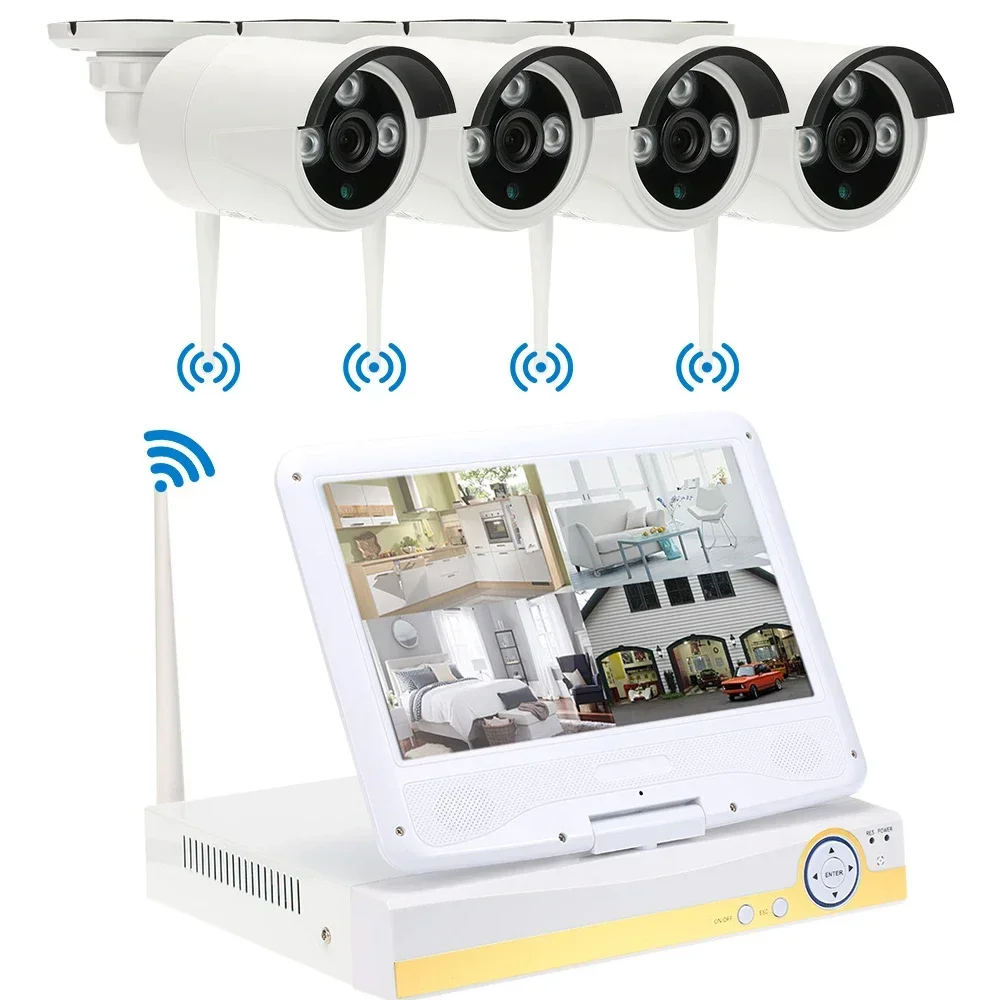 Cámara de Seguridad IP CCTV 1080P de Amazon en Venta, Cámaras Inalámbricas de Seguridad, Kit de Sistema NVR Wifi de 4 Canales, Monitoreo LCD de 10.1 Pulgadas