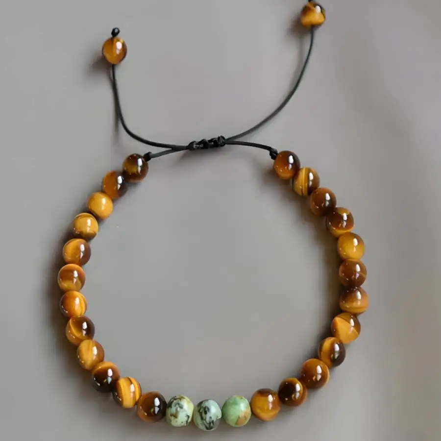 

Genuine Tiger Eye Stone Round Bead Bracelet African Turquoise Accent Adjustable Wristband Ethnic Jewelry 6MM