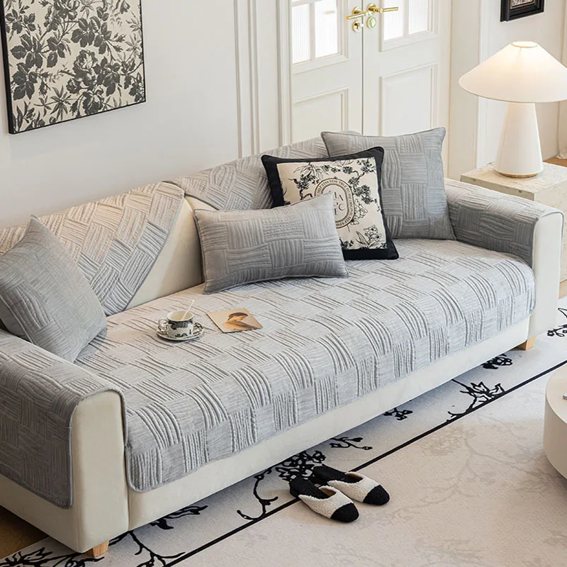 Crystal Velvet Anti Cat Scratch Sofa Cushion Simple Solid Grid Jacquard Couch Covers All-Season Home Supplies for Living Room