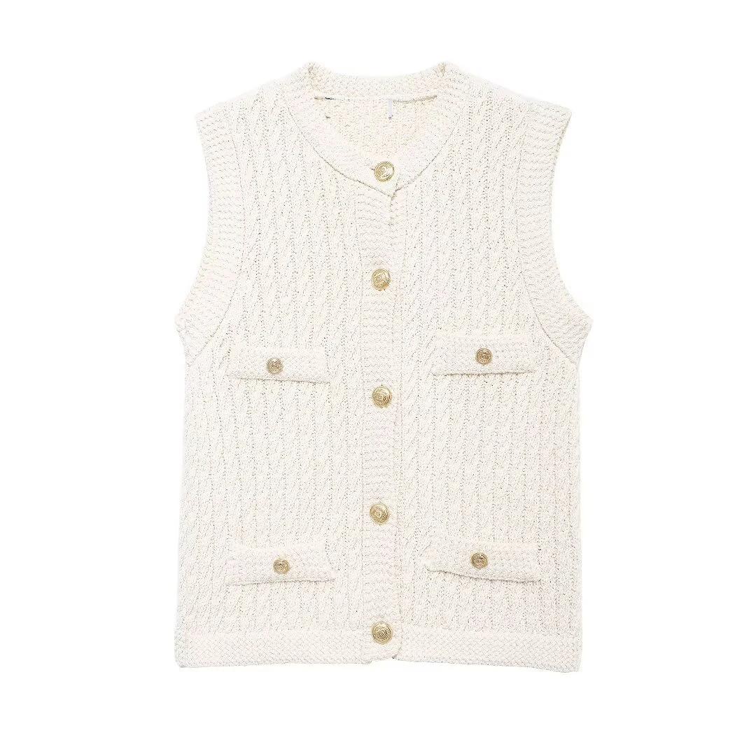 Tangada 2024 Fashion Women Twist Buttons Knitted Sweater Jumper Sleeveless Cropped Cardigan BE0240