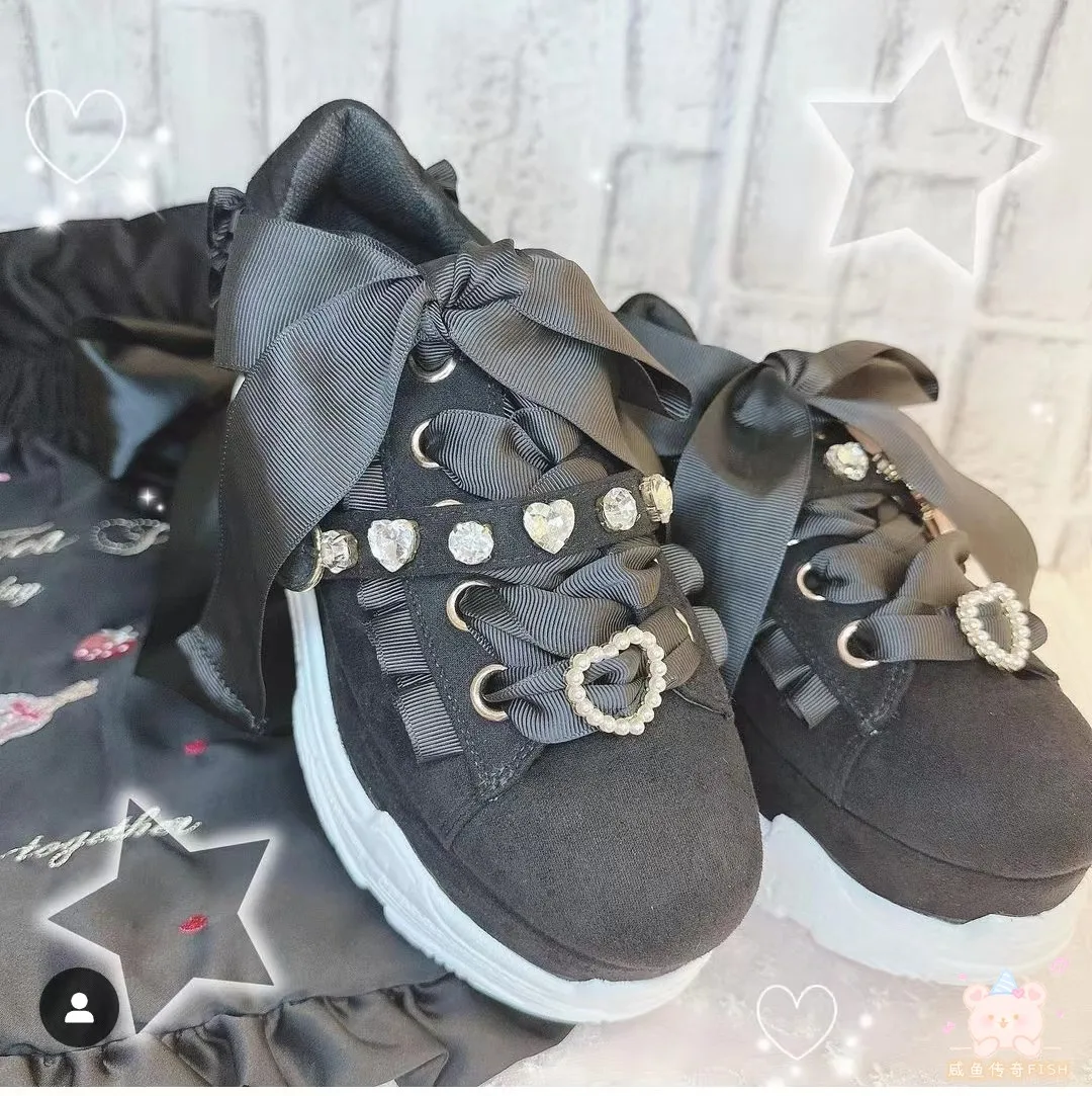 Japanese Liz Rhinestone Love Lace Thick Bottom Student Sports Shoes Mine Series Mass-Produced Sub-Culture Platform Shoes Sneaker