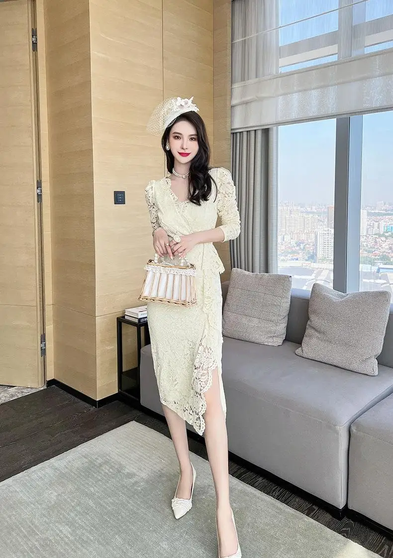 Spring new cross-border female celebrity V-neck waist slim lace temperament dress