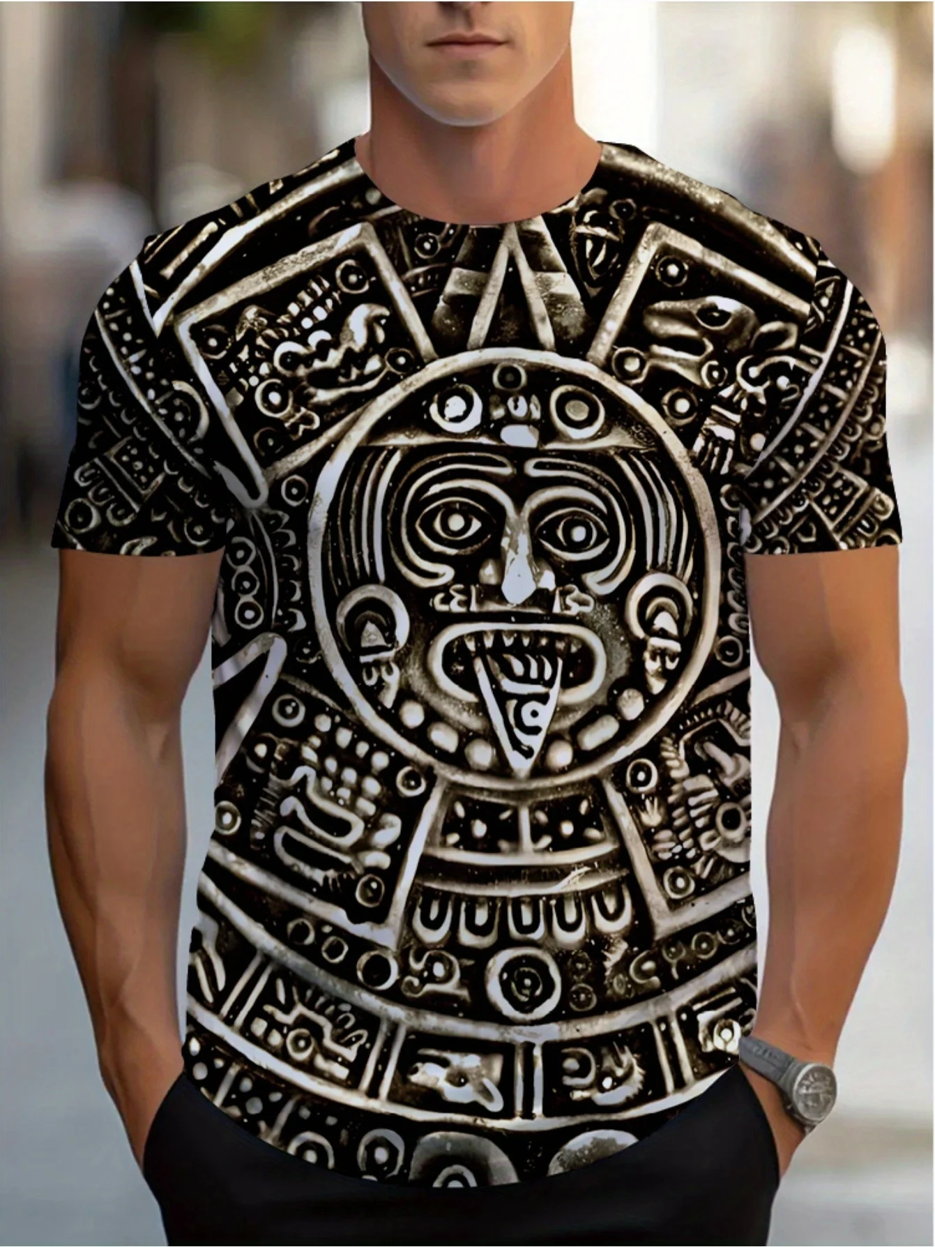 Men's Vintage Mayan Aztec Sun Stone Print T Shirt Ancient Tribal Carving Graphic Short Sleeve Casual Top