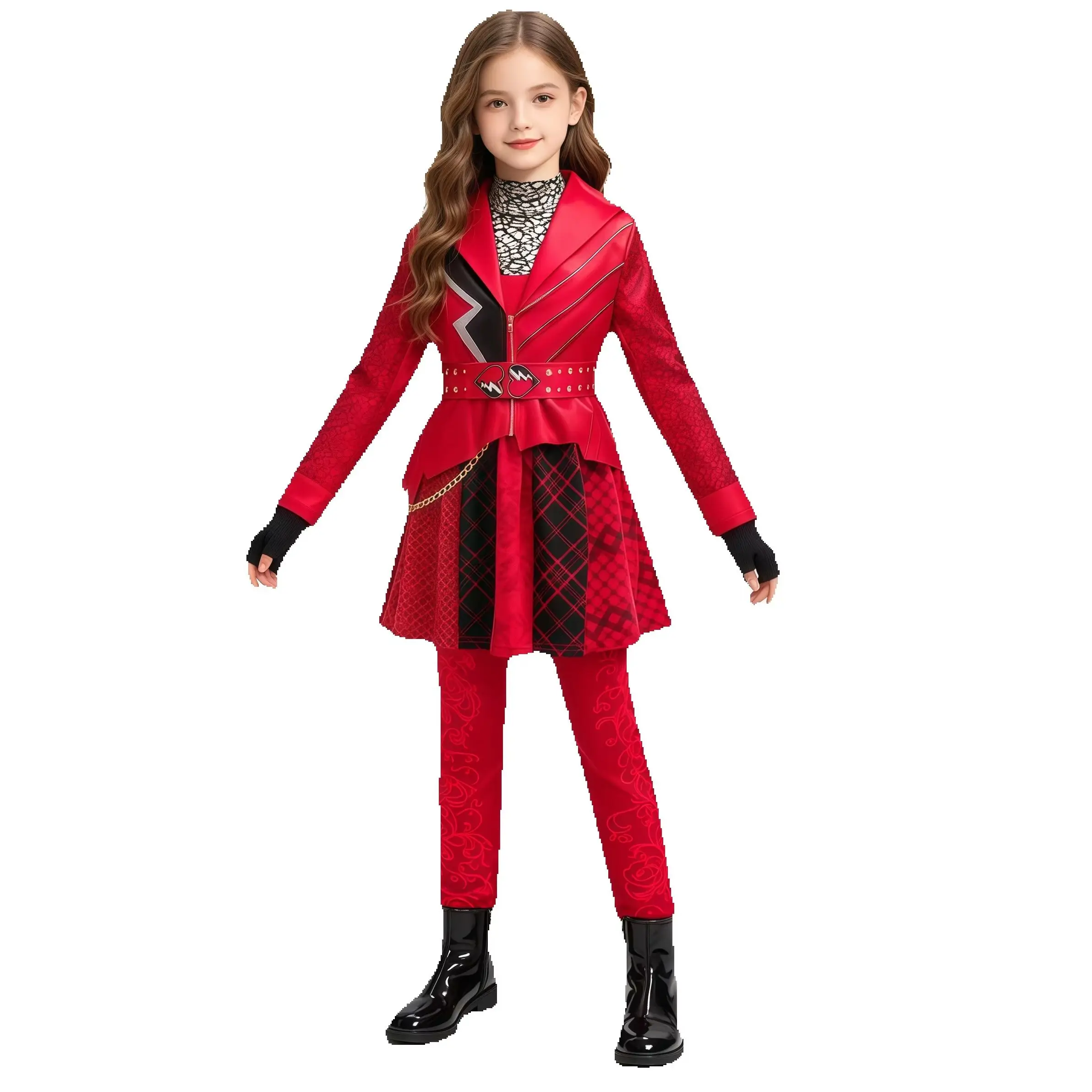 Girls Rise Red Princess Costume 4PCS Set Dress Pants Coat Gloves For Kids Halloween Birthday Party Carnival Performance Dress Up
