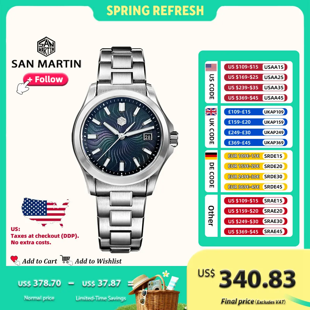 

San Martin 39mm Watch Luxury Dress Miyota 9015 Automatic Mechanical Watches SN0150 for Men With Mop Guilloche 100m Waterproof