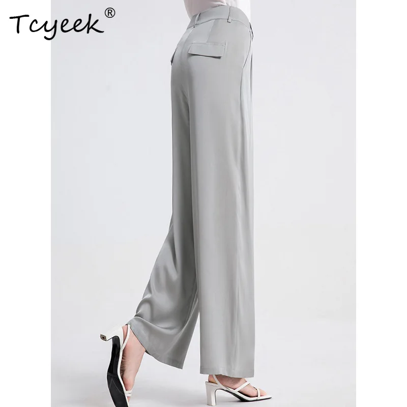 Tcyeek 95% Seda Mulberry 5% LICRA Pantalones anchos Mujer Cintura alta Adelgazante Pierna recta Gris Negro Pantalones largos de mujer Commer