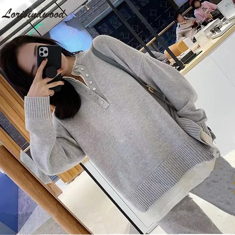 Vintage Chic Hot Style Knitted Sportswear Two-Piece Suit 2023 Autumn And Winter New Fashion  Loose Sweater Wide-Leg Pants Sets