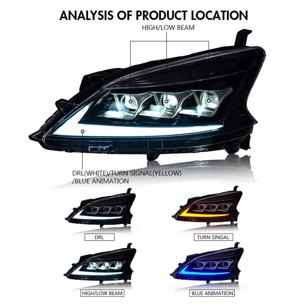 LED Headlights For Nissan Sylphy/Sentra/Pulsar 2012 2013 2014 2015 3 Beam Sequential Blue Animation Lamp