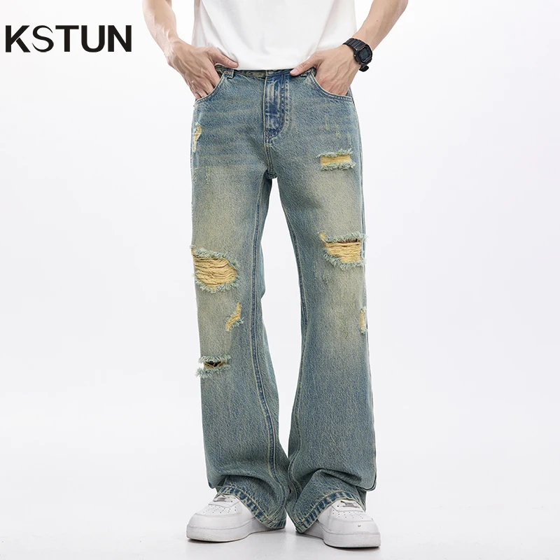 KSTUN New American High Street Men Flared Denim Pants Ripped Hip Hop Boot Cut Jeans For Men Vintage Jeans Hollow Out Motocycle