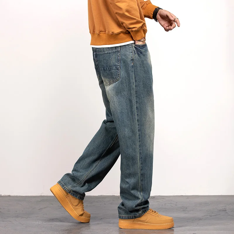 men's pure cotton wide-leg jeans Men's unstretched blue wide-leg jeans Loose straight autumn and winter thick trousers for men
