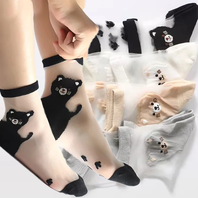 1/5 Pairs Women Korean Style Cat Crystal Silk Socks Non-Slip Nylon Transparent Ultra-thin Breathable All-match Tube Socks
