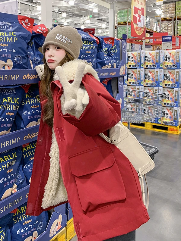 

Lamb Fur Collar Parka Coat Women's Mid-Length Winter Warm Fce Lined Thiened Red Outerwear Zipper Sle Korean Version