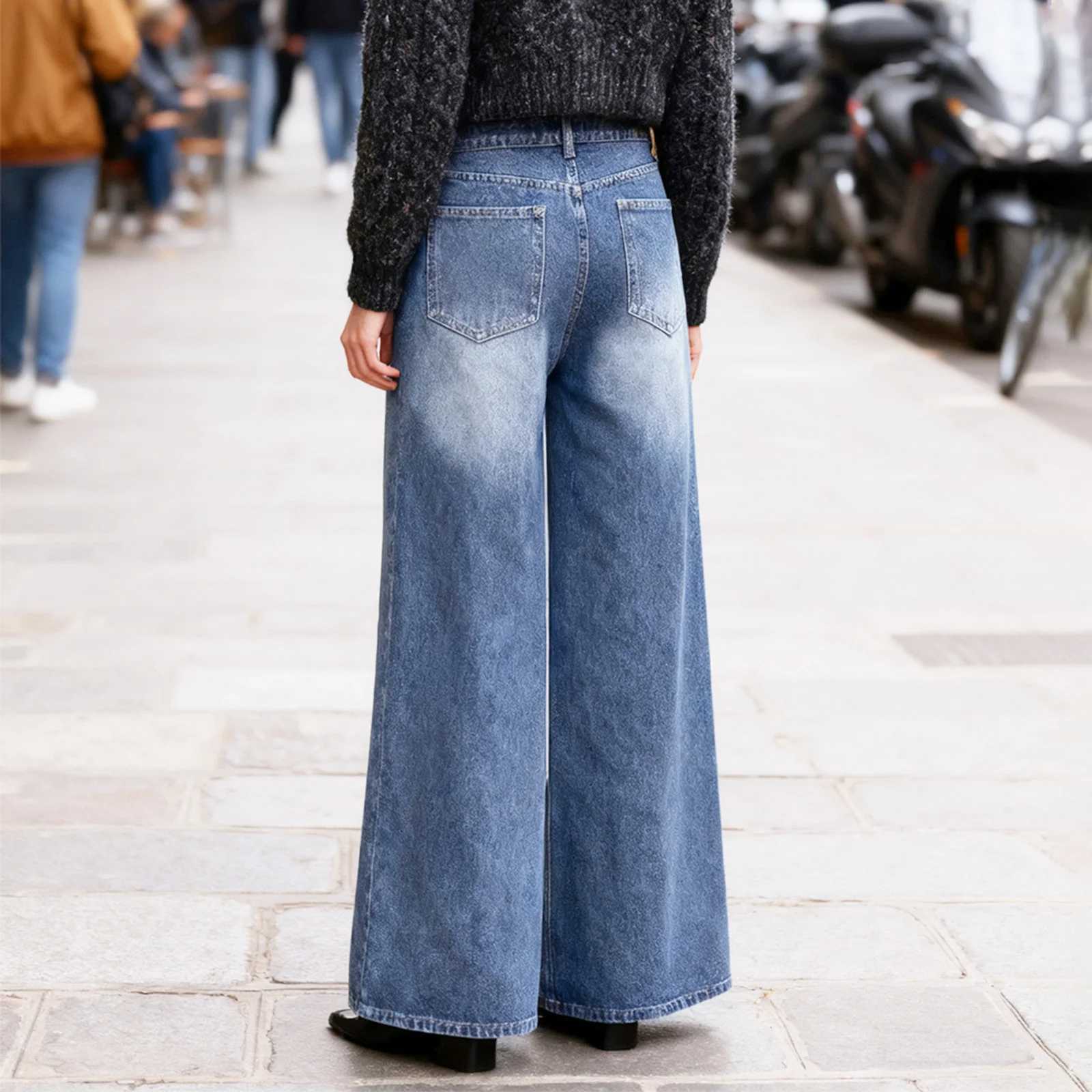 بنطال جينز نسائي أساسي مع جيوب بتصميم أنيق بخصر مزدوج كاجوال عالي الارتفاع وواسع الساق من قماش الدنيم #5