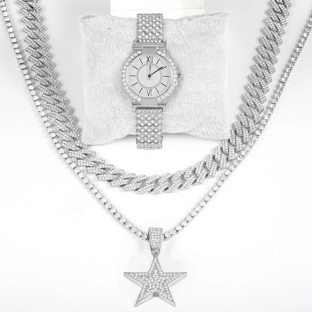 Ensemble de montre en argent punk hip-hop pour femme, collier de tennis, diamants incrustés, pendentif étoile, bijoux cubains, cadeau de luxe