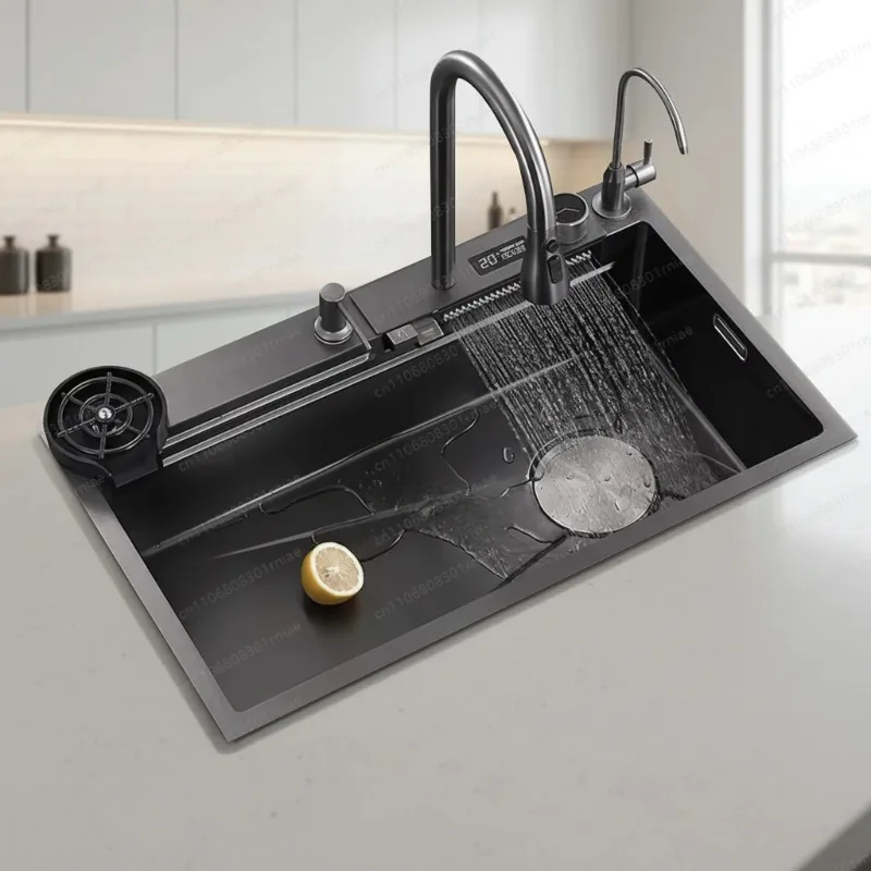 Modern Luxury SUS304 Stainless Steel Single Sink Piano Keys Waterfall Digital Display Kitchen Tie Rod Faucet