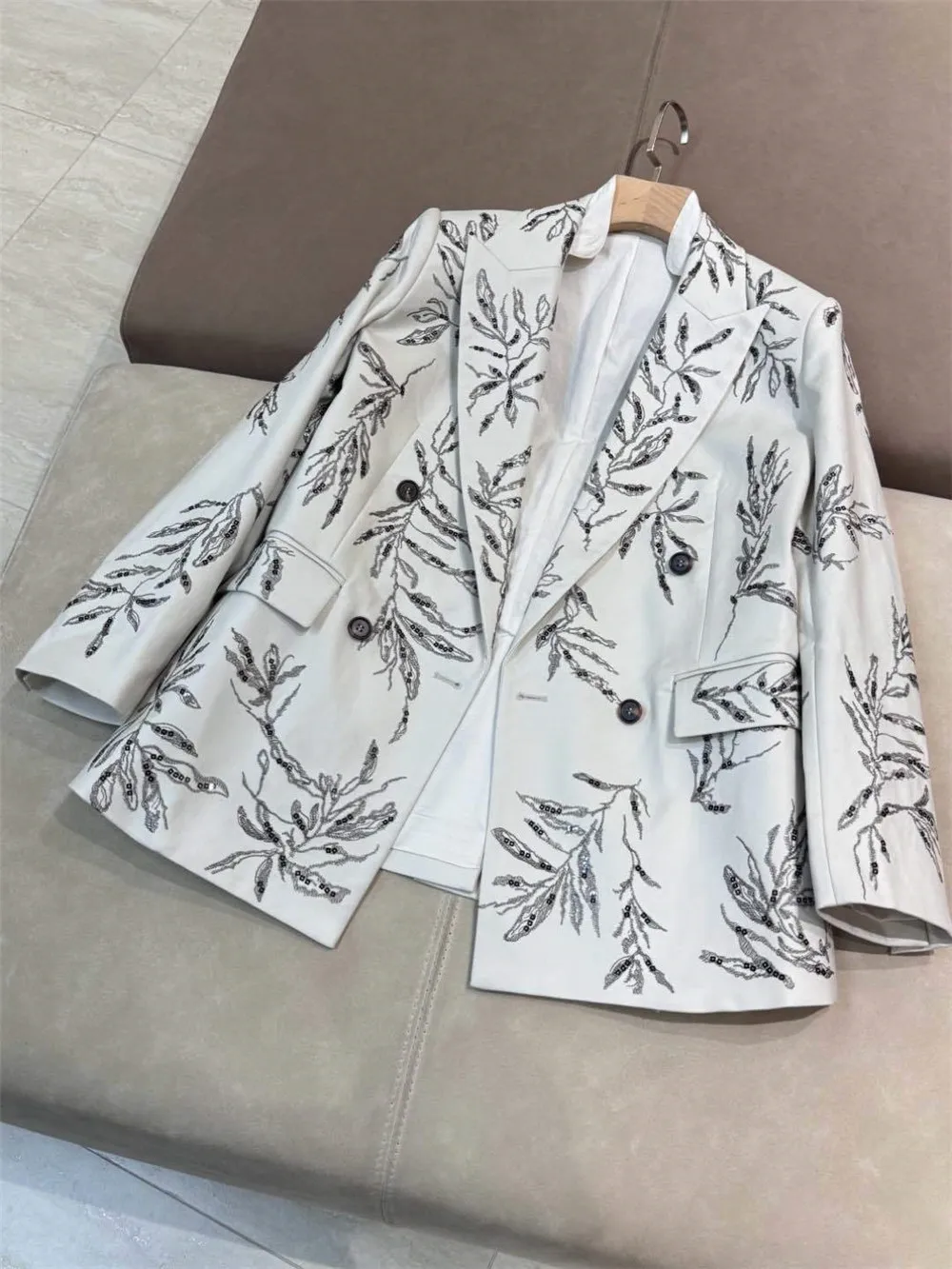 Women's Sequined Embroidered Blazer Coat 2025 Spring Summer Straight Long Sleeve Suit Jacket