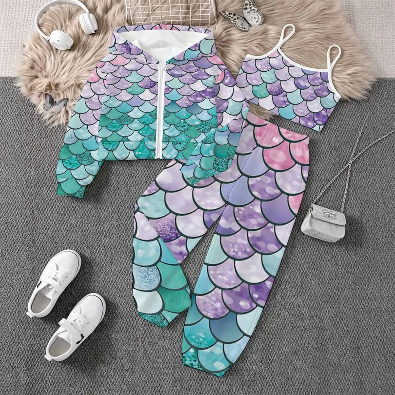 3pcs Retro Three-Piece Set Children's Tops Fashion Vest Print Trousers Autumn Coats Winter Jogging Pants Girls Daily Wear