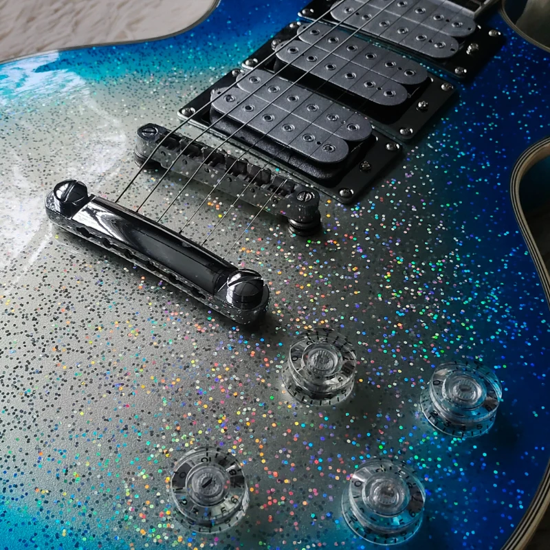 Blue Silver Sparkle Pink Gradient LPO Electric Guitar HHH Pickup Hard Rock Stage Basswood Body Best Sellers Free Shipping