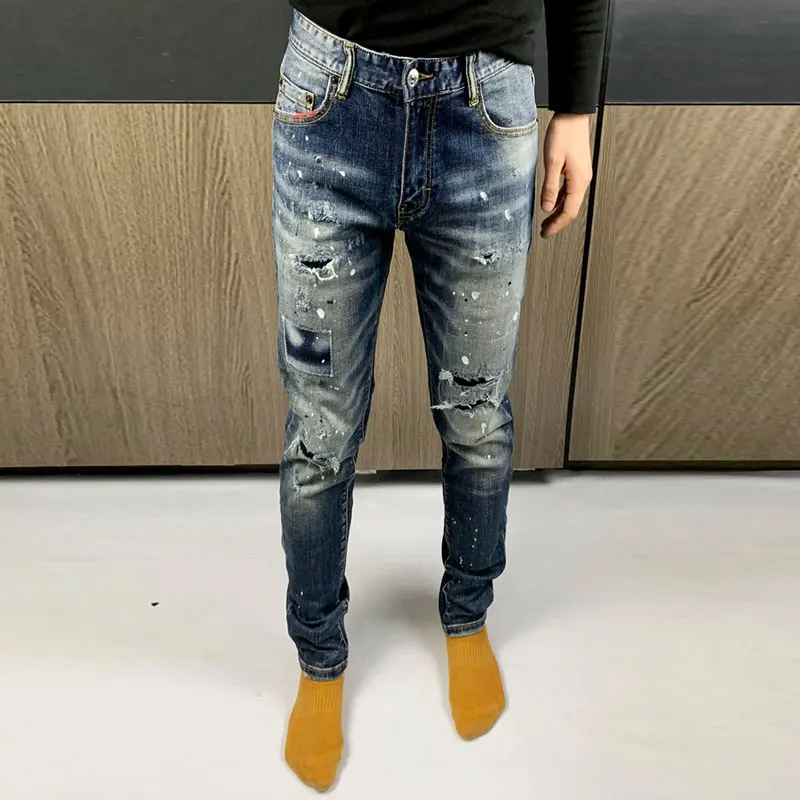 Men Blue Gradient Faded Wash Ink‑Splatter Patch Ripped Stretch Skinny Denim Jeans Hip‑Hop Streetwear Denim Jeanshombre