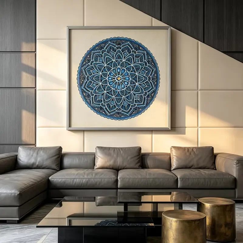 Hand Carved Deep Embossed 3D Multi-layer Blue Mandala Framed Wall Art Textured Decor Painting for Indoor Home Interior Decor