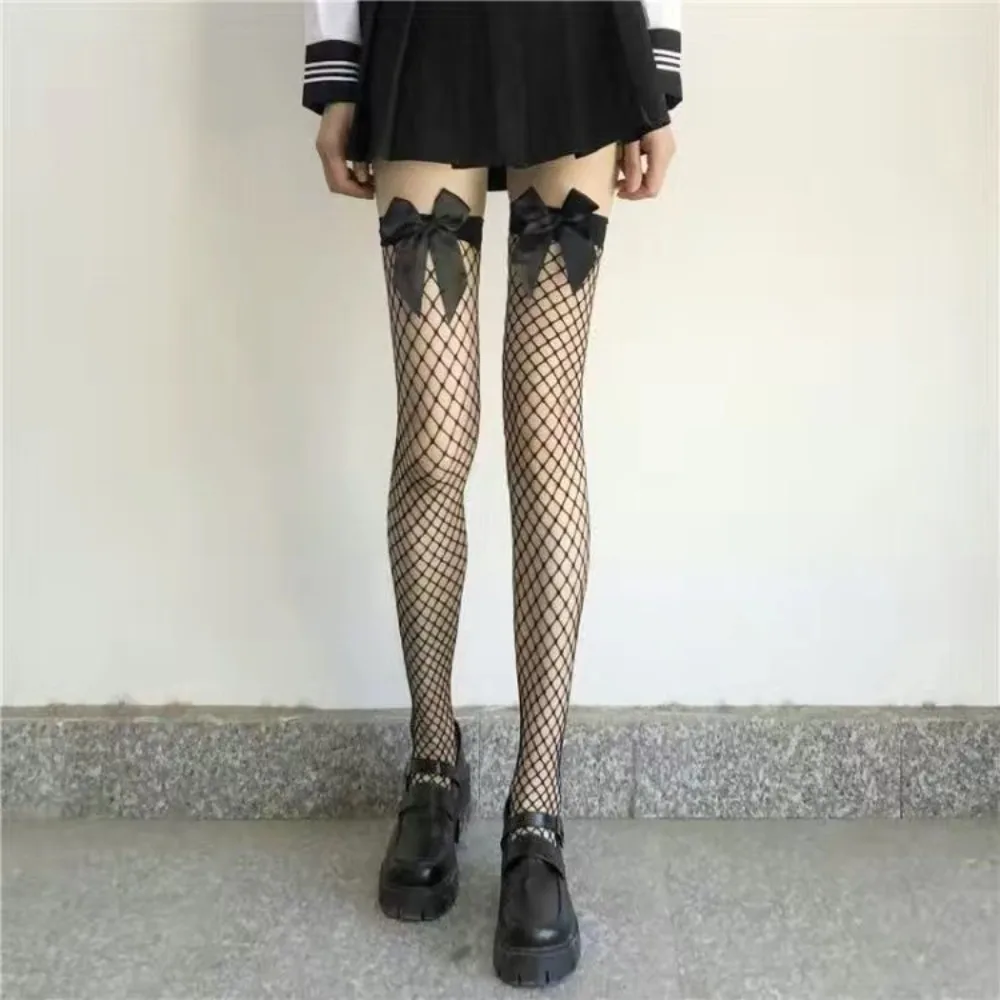 

1 Pair Pure Desire Fishnet Stockings Pink Bow Tie Contrasting Color Knee High Stockings Large Mesh Long Tube Stockings for Women