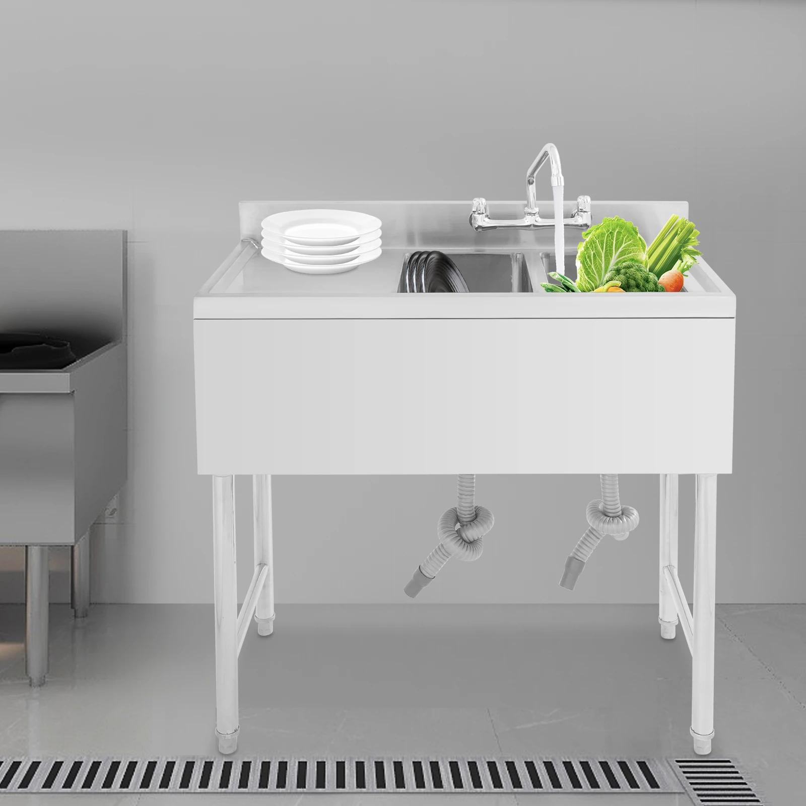 

Коммерческий набор раковин из нержавеющей стали, независимая кухонная мойка с двойной чашей и 360° ° Вращающийся смеситель