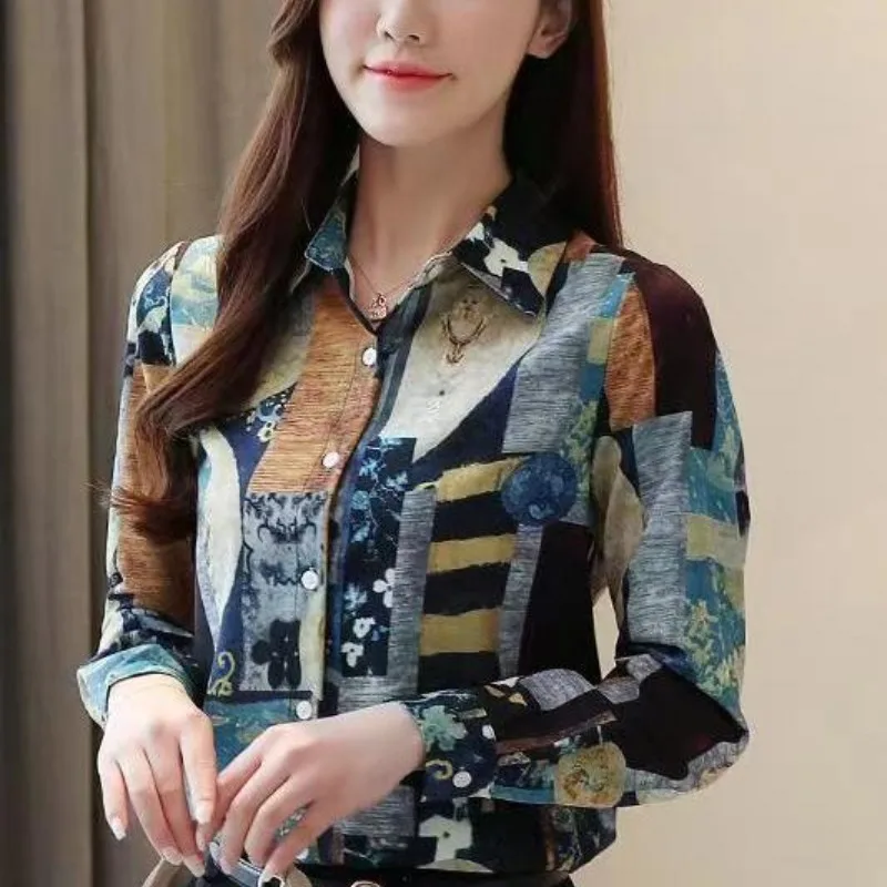 2024 New Korean Retro Spring Women\'s POLO Collar Printed Fashion Versatile Single Row Multi Button Long Sleeve Loose Shirt Top